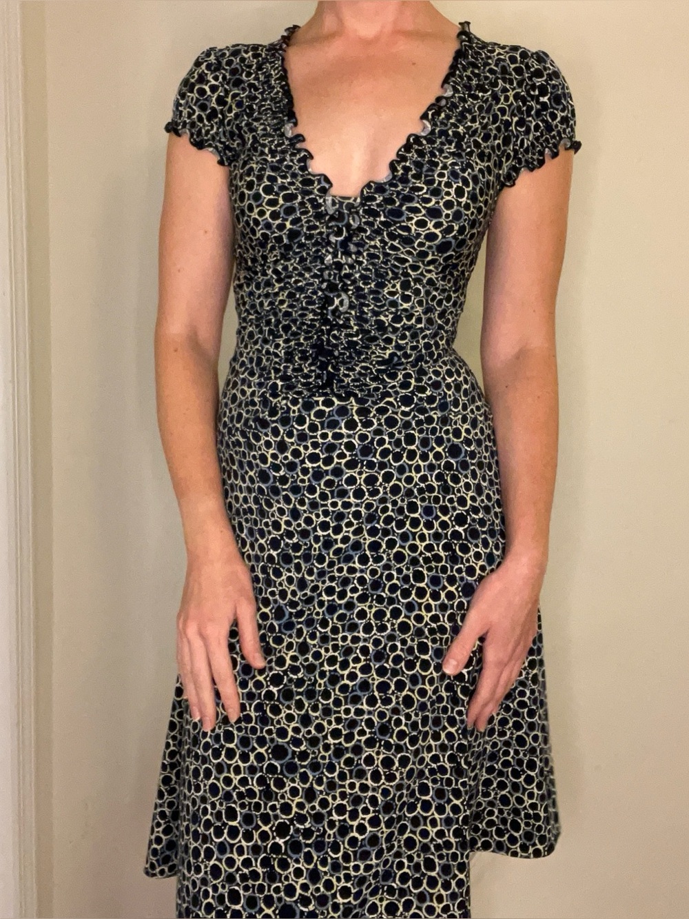 BCBG Maxazria Navy Geometric Print Deep V-Neck Midi Dress, Size XS, Feminine